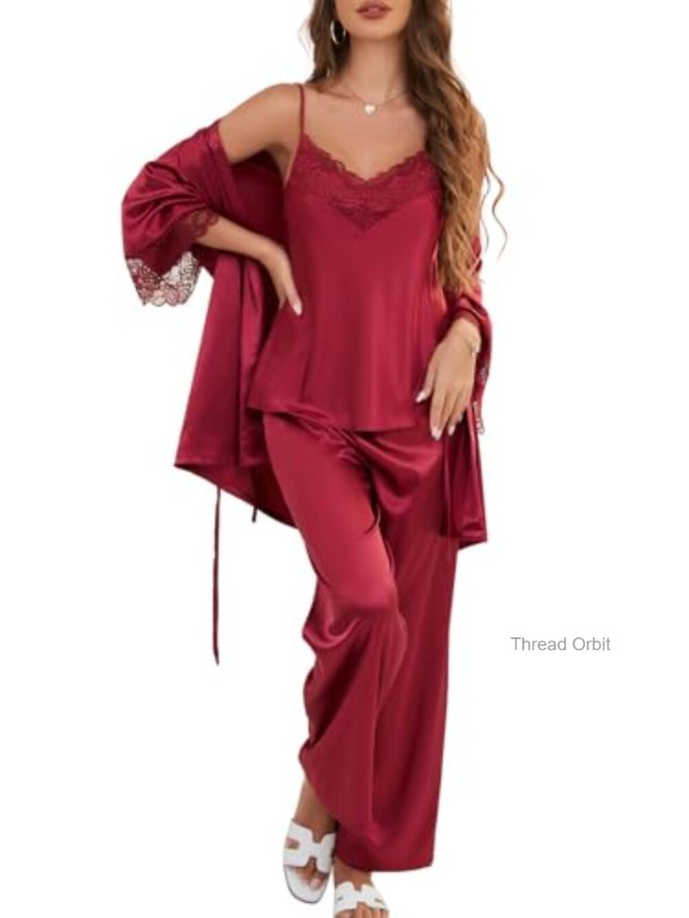 Women's Satin Silk Pajama Set 3 Piece with Robe Cami Top and Pants